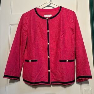 RSVP By Talbots Pink Floral Corded Lace Blazer Navy Trim Faux Pearl Buttons